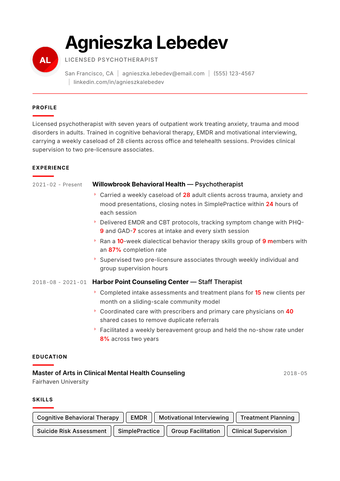 Psychotherapist resume example, Swiss Modernist template