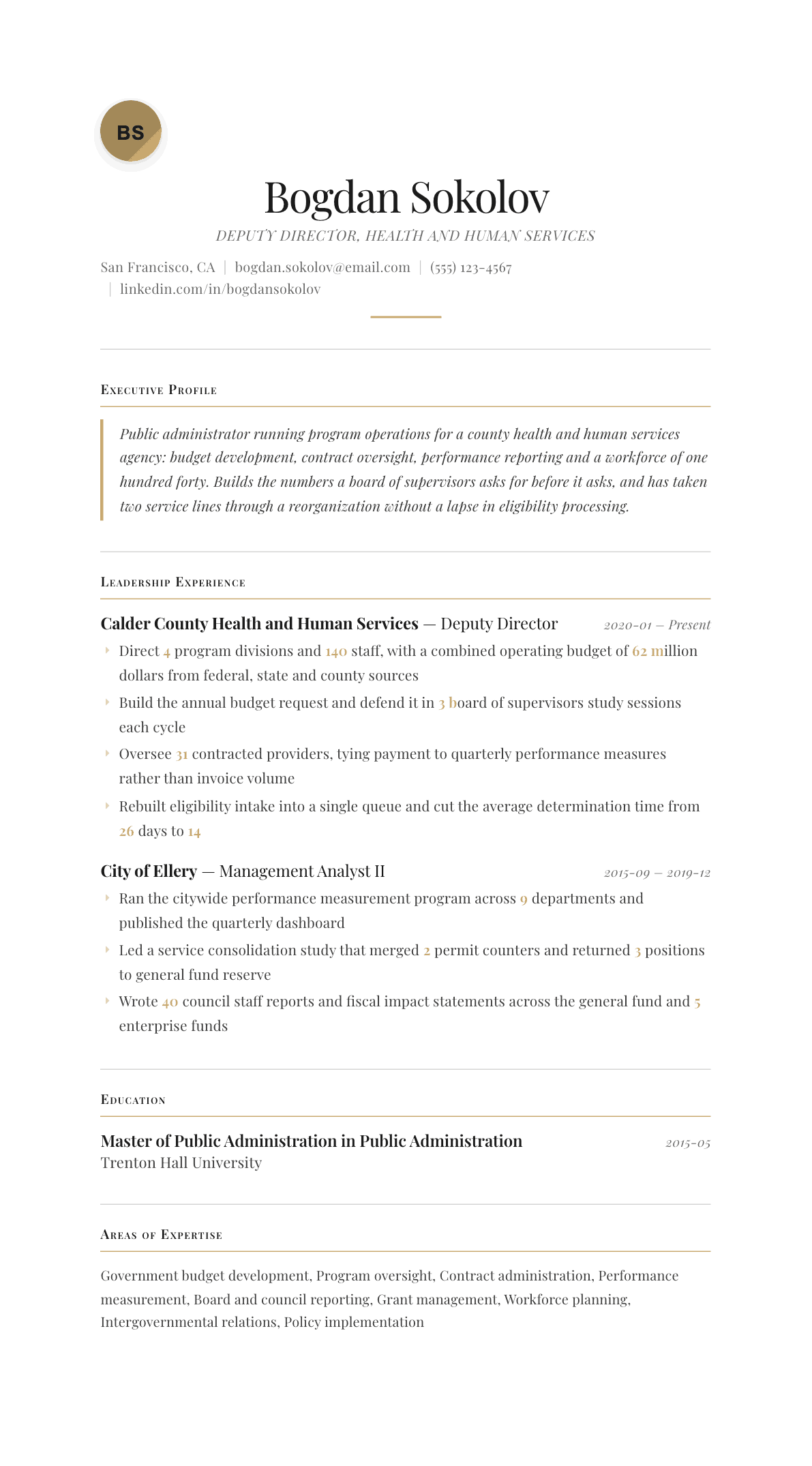 Public Administrator resume example, Chancellor template