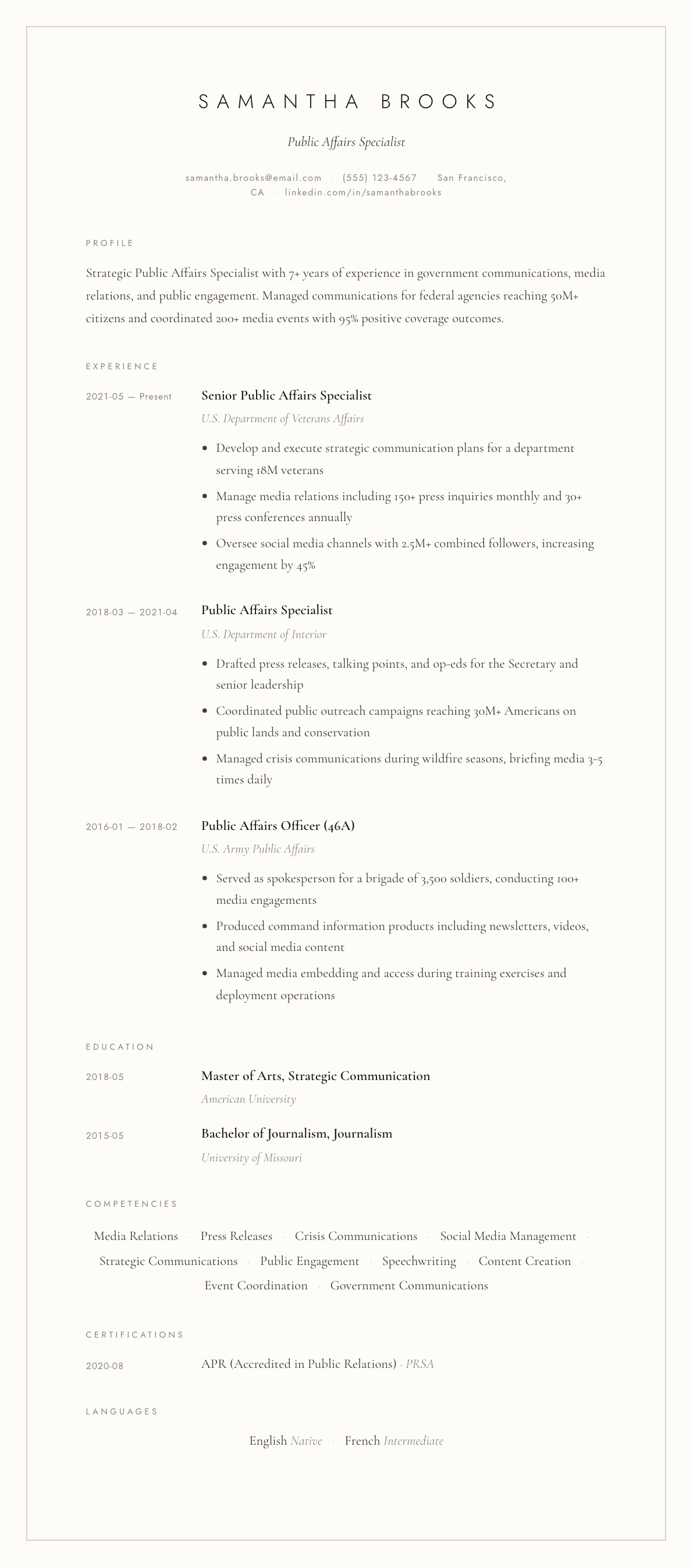 Public Affairs Specialist resume example, Vellum template