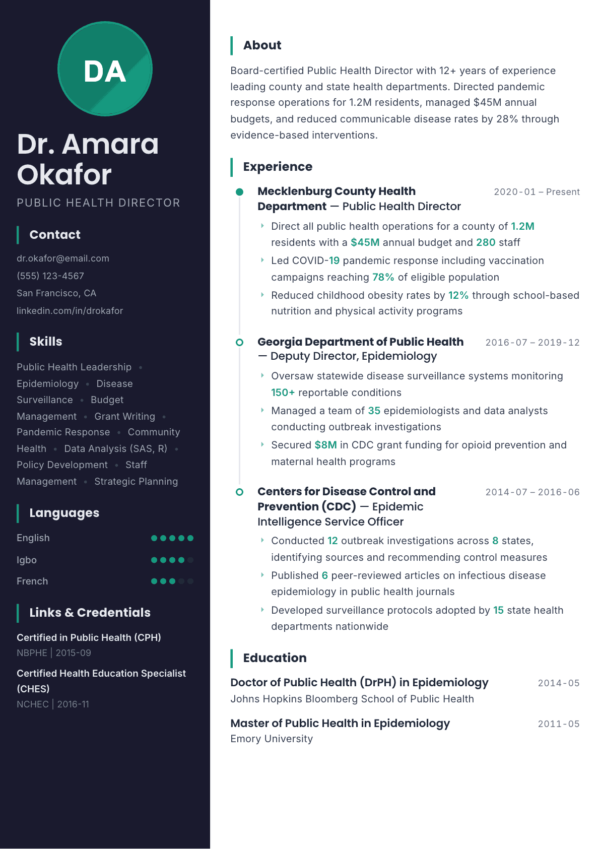 Public Health Director resume example, Bapak template