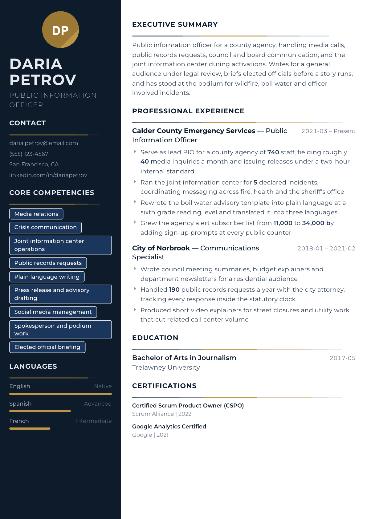 Public Information Officer resume example, Catalyst template