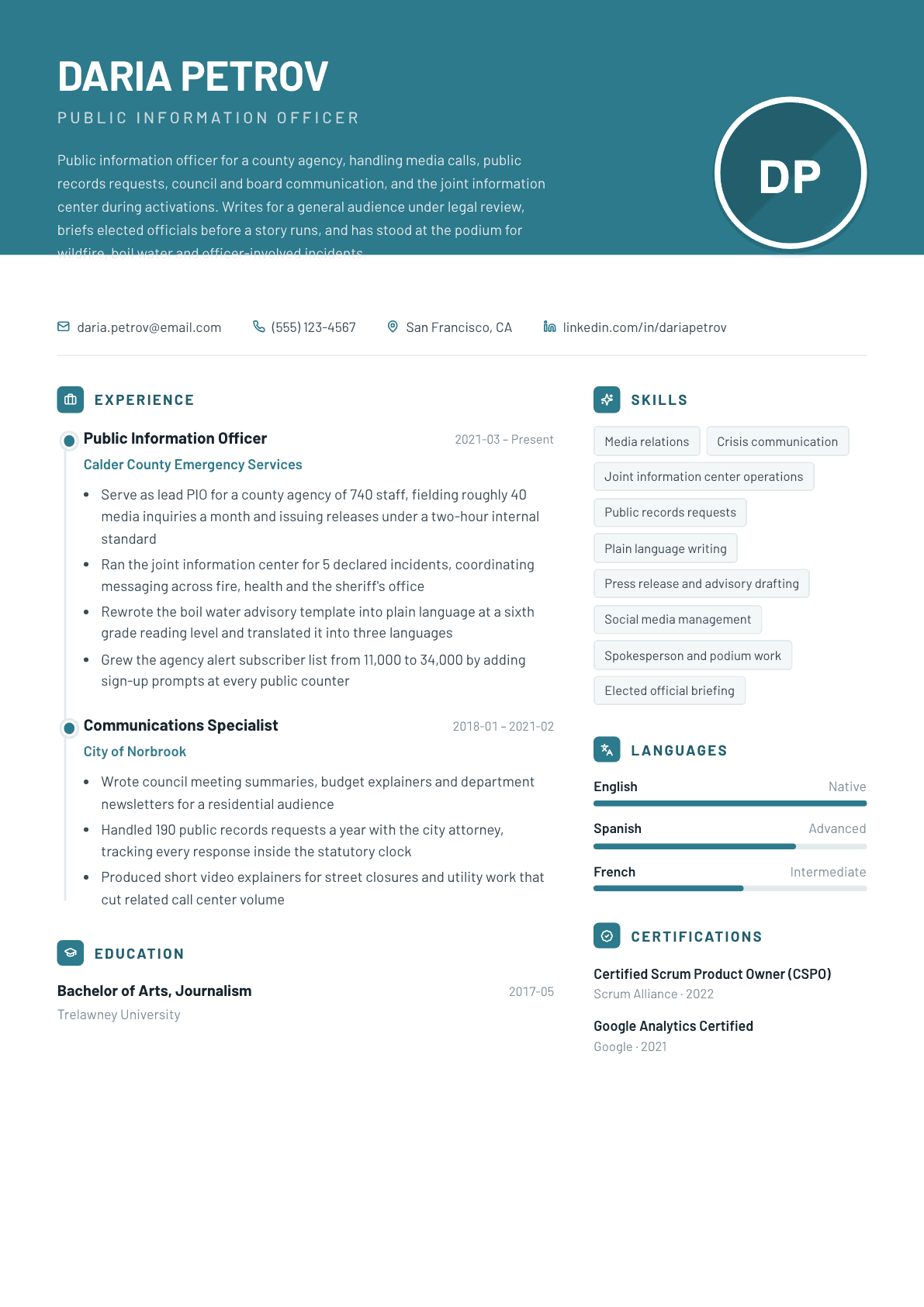 Public Information Officer resume example, Harbor template