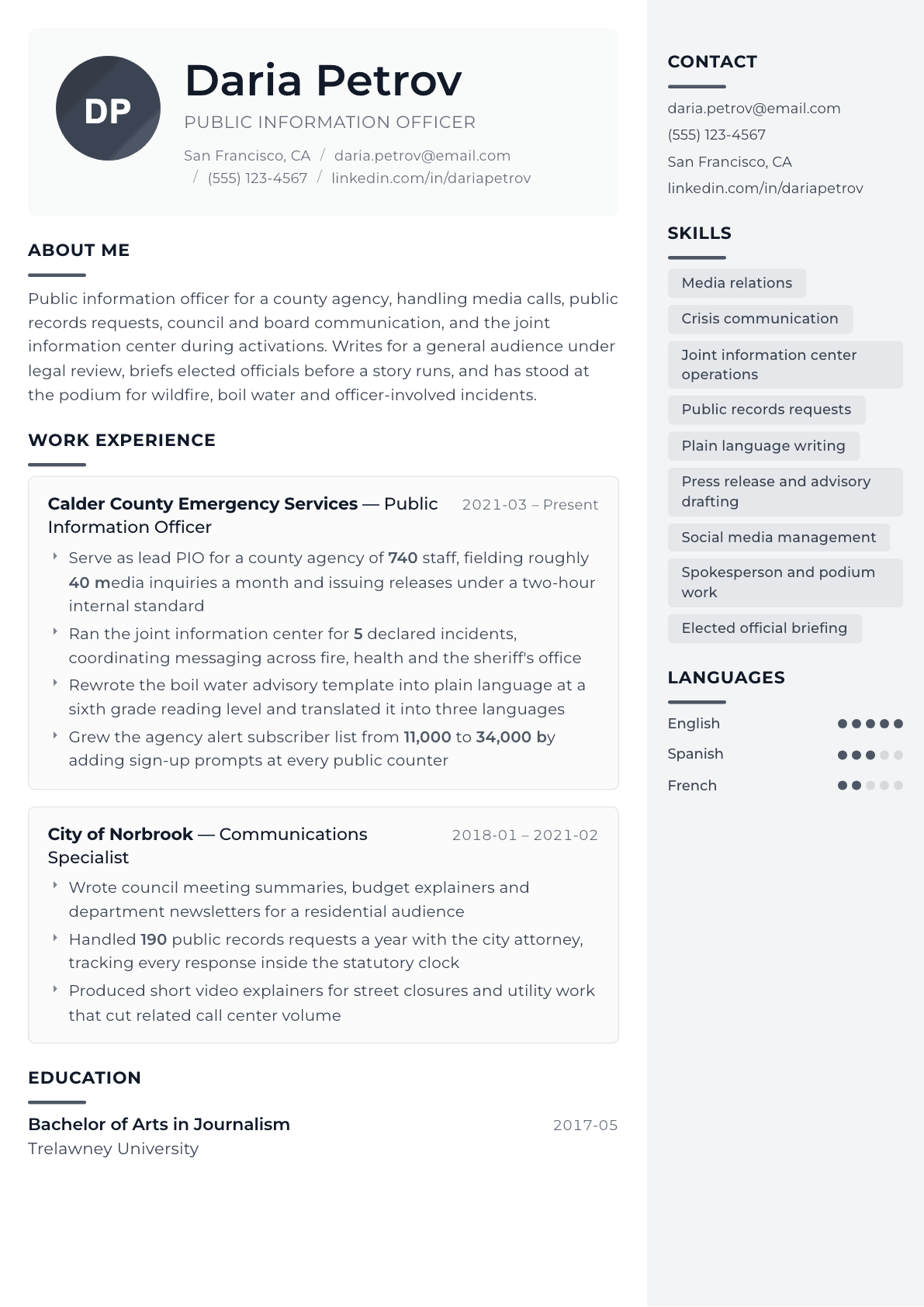Public Information Officer resume example, Metropolitan template