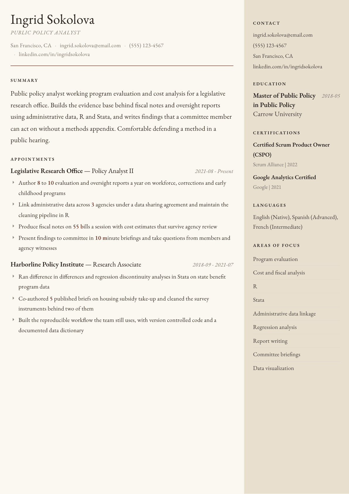 Public Policy Analyst resume example, Manuscript template