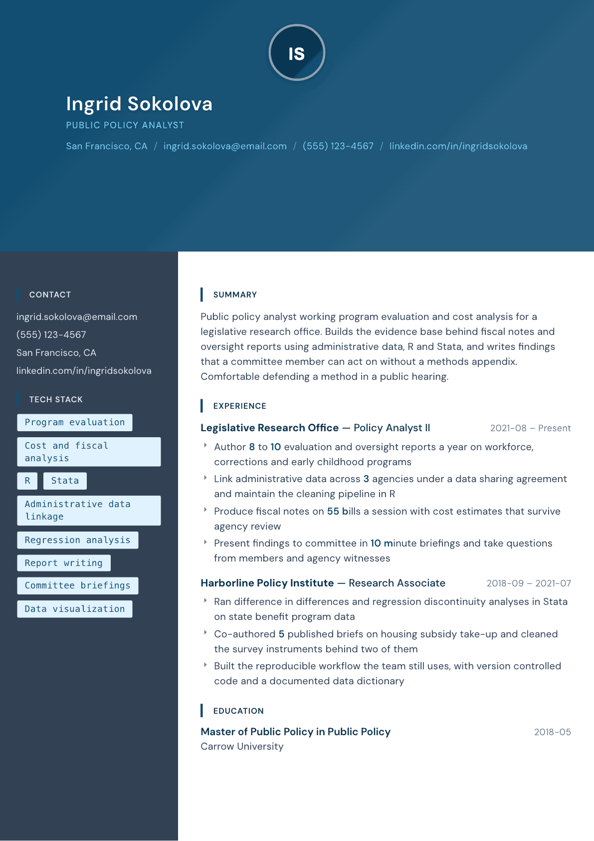 Public Policy Analyst resume example, Prism template