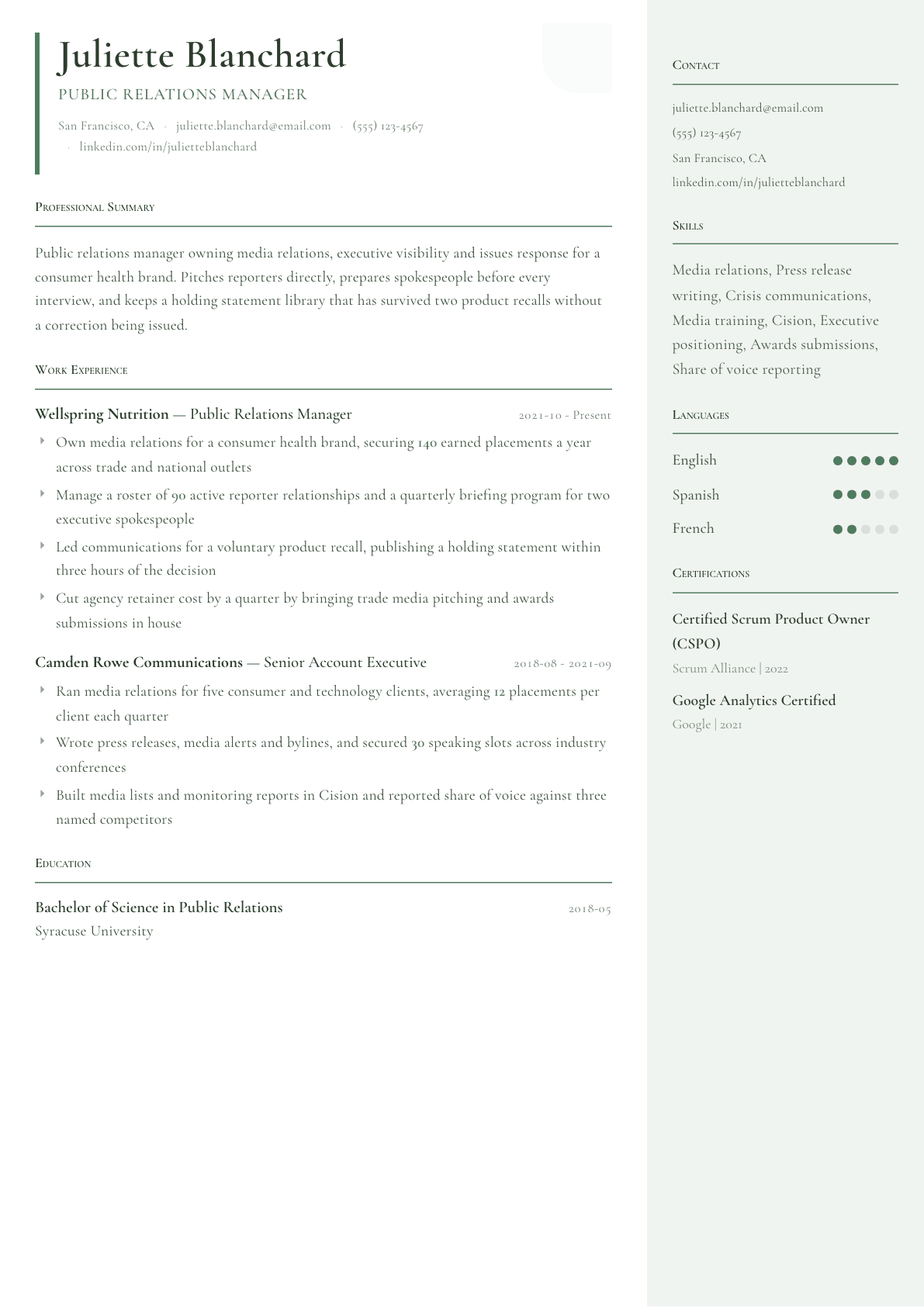 Public Relations Manager resume example, Copenhagen template
