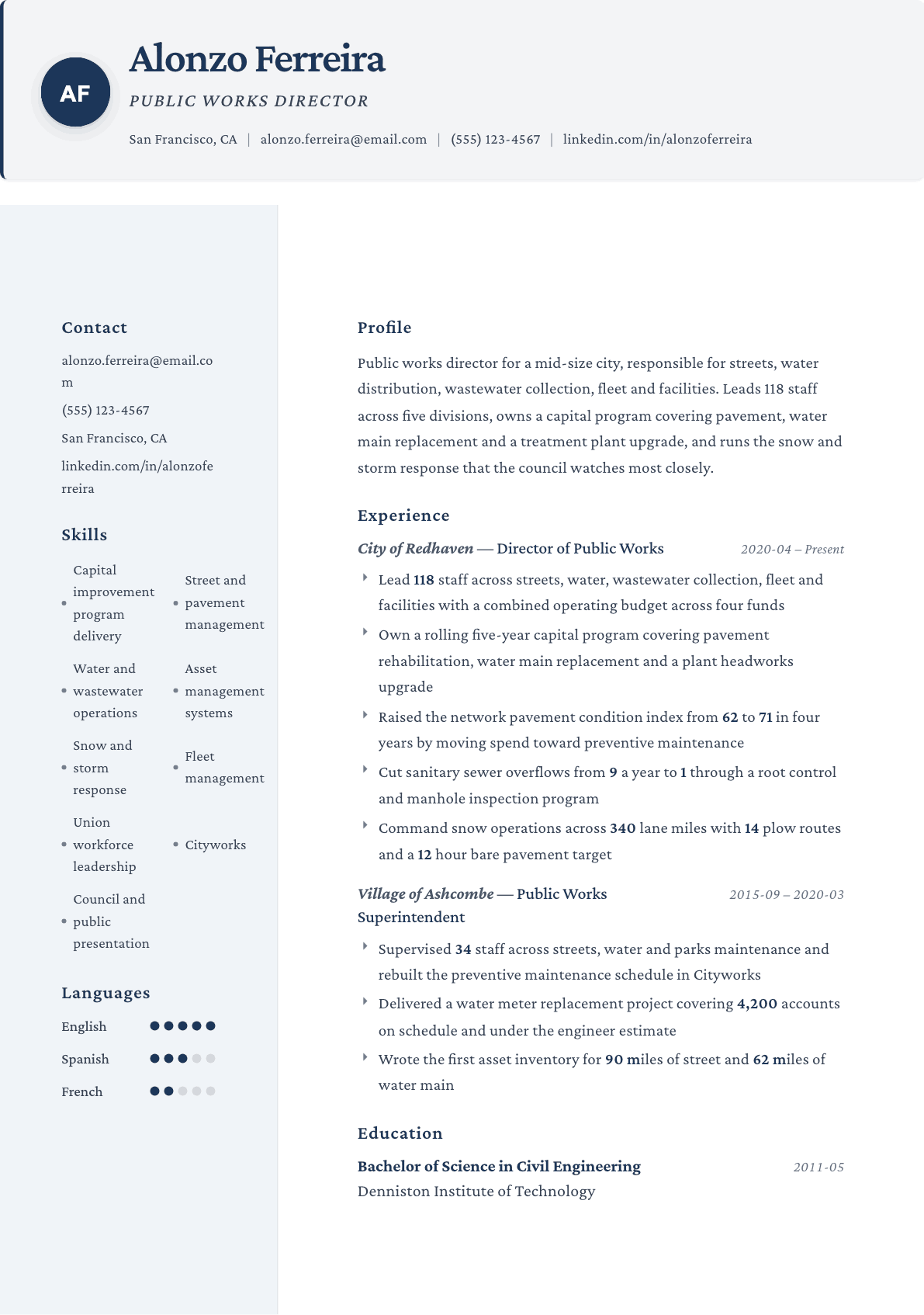 Public Works Director resume example, Formal template