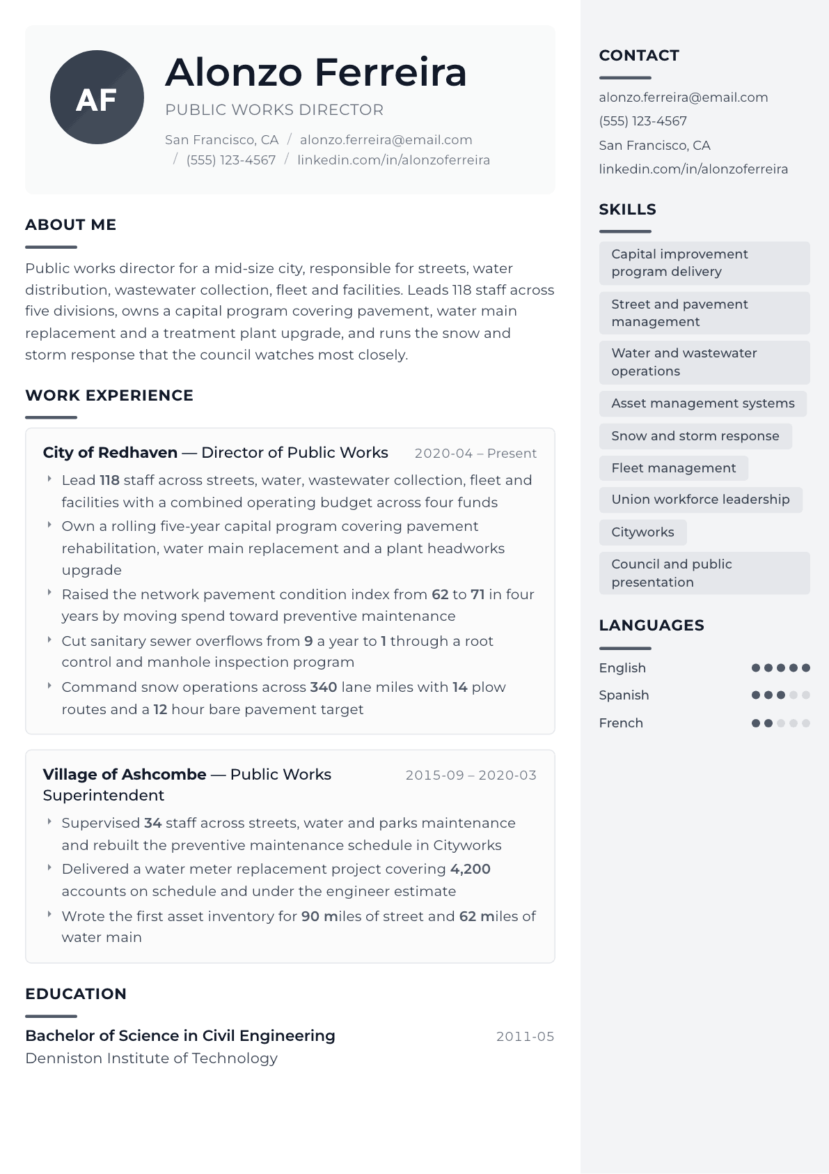 Public Works Director resume example, Metropolitan template