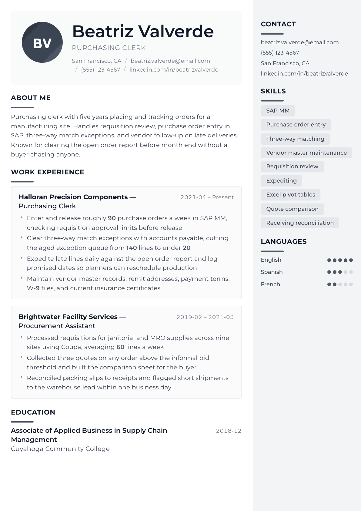 Purchasing Clerk resume example, Metropolitan template