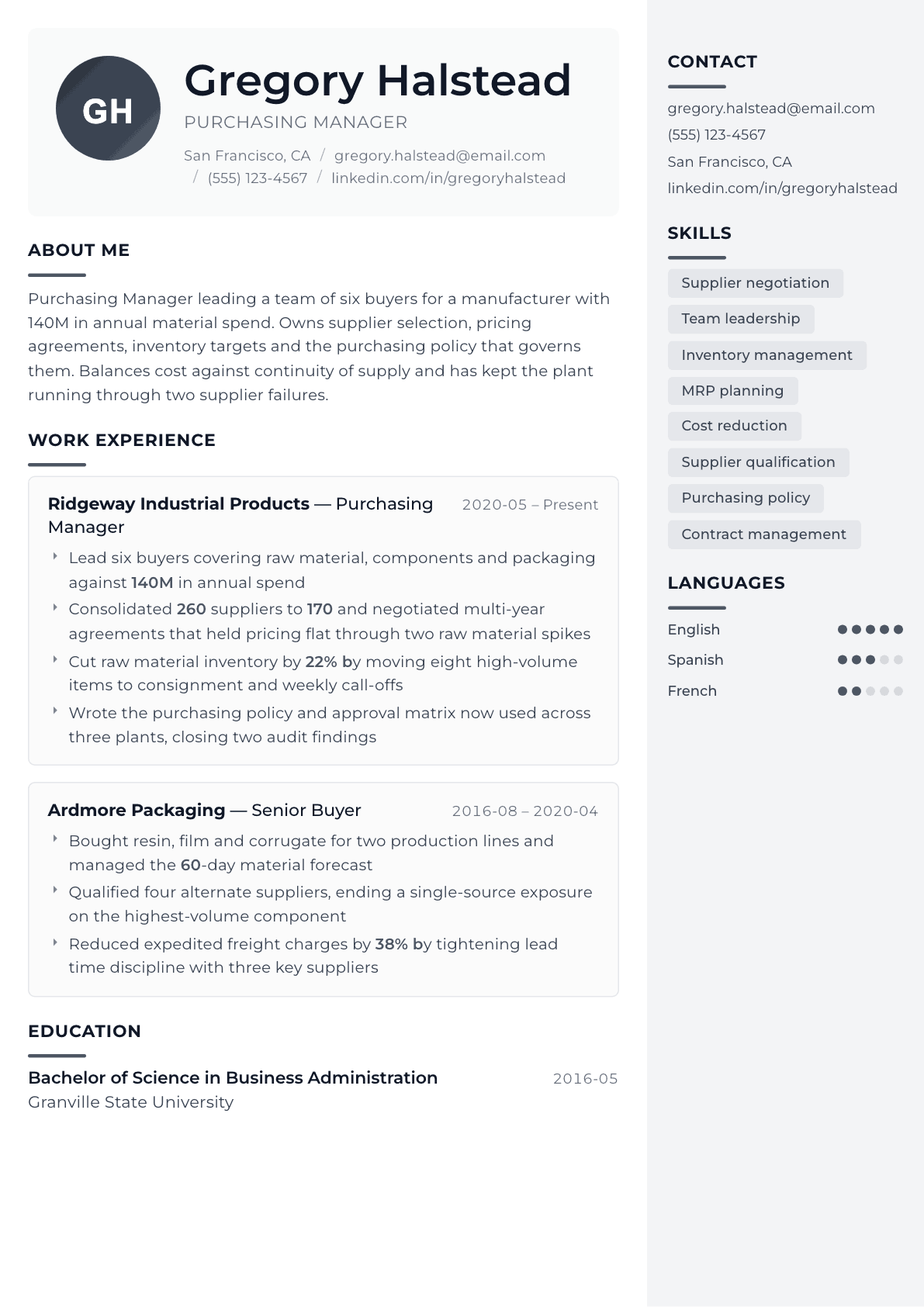 Purchasing Manager resume example, Metropolitan template