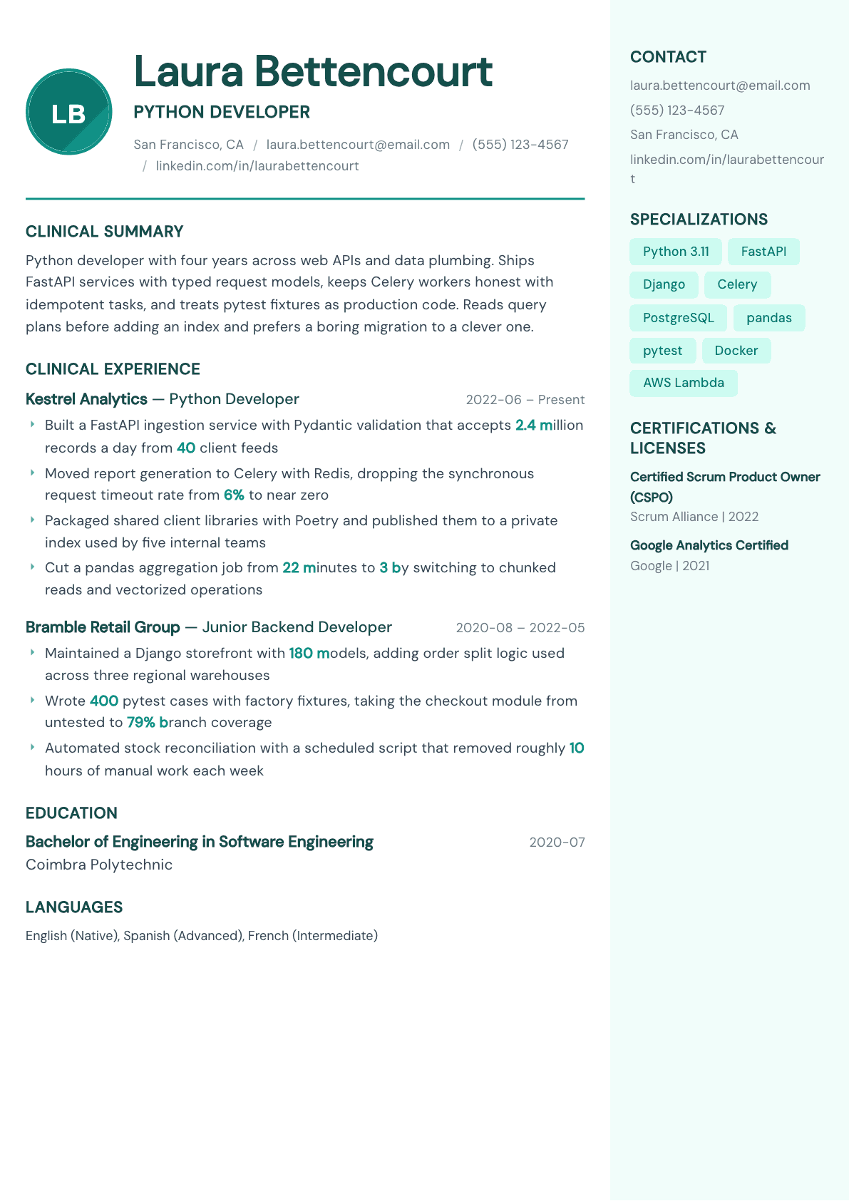 Python Developer resume example, Remedy template