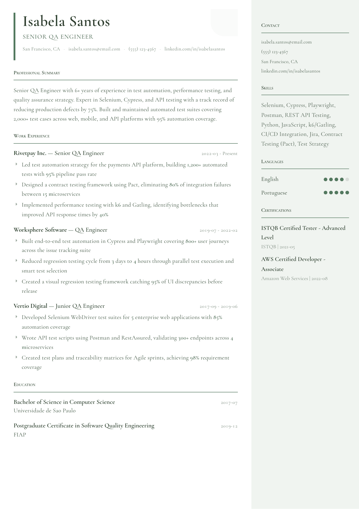 QA Engineer resume example, Copenhagen template