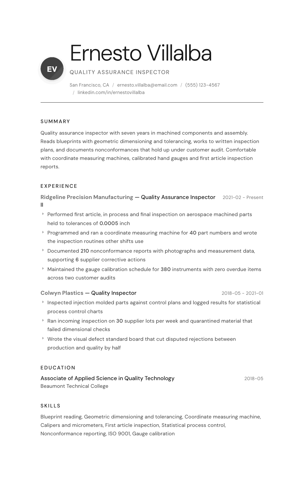 Quality Assurance Inspector resume example, Whisper template