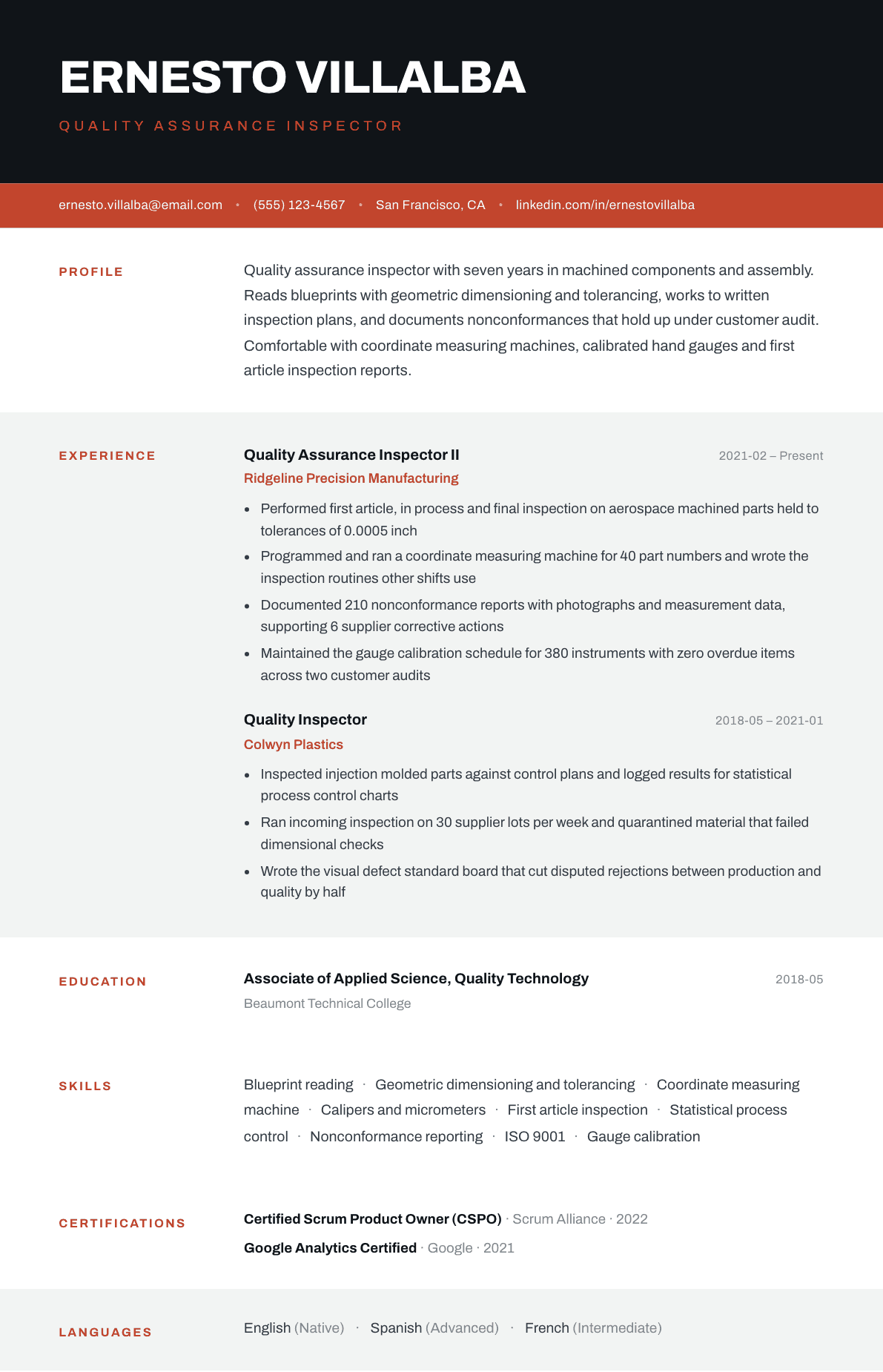 Quality Assurance Inspector resume example, Strata template