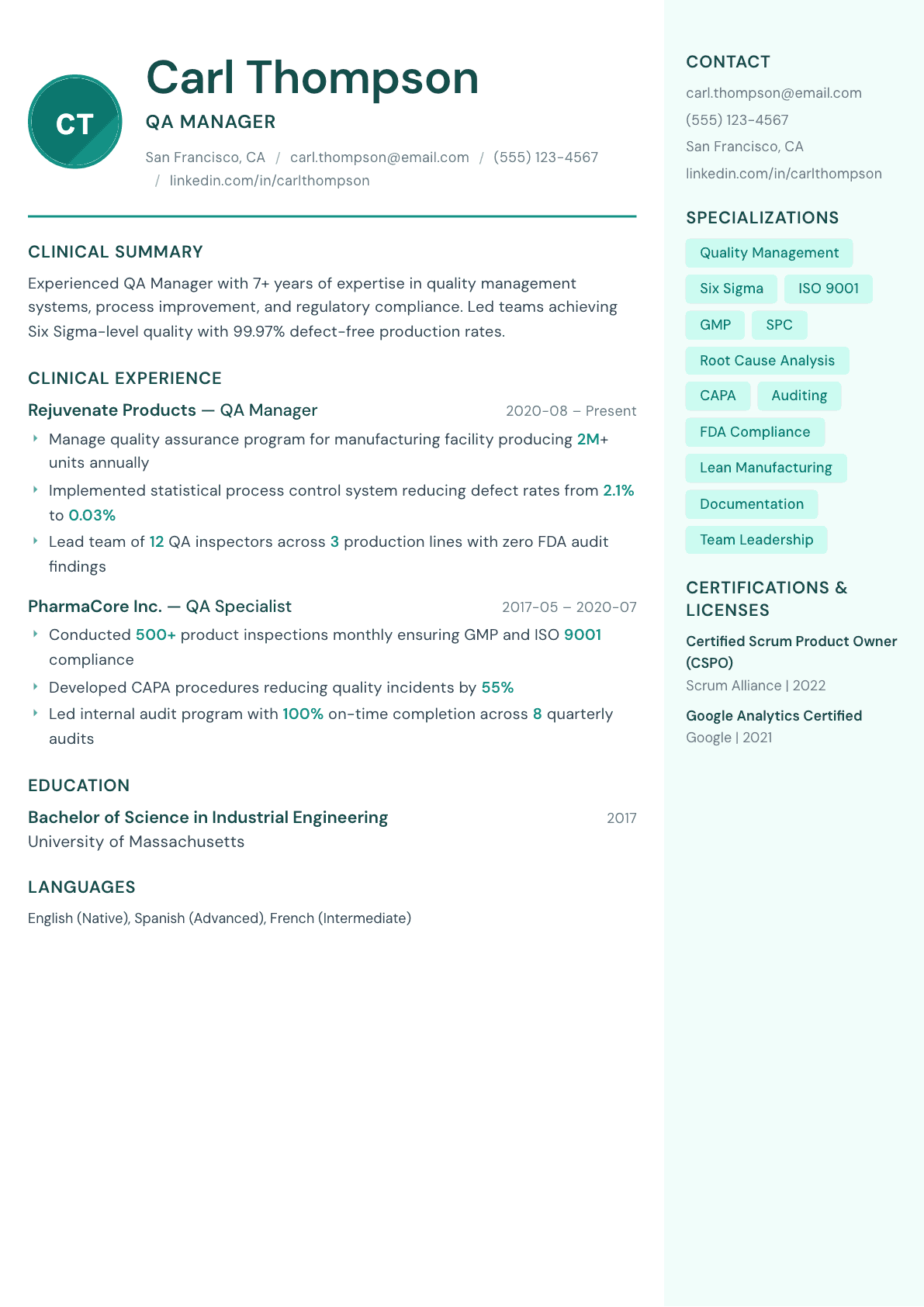 Quality Assurance resume example, Remedy template