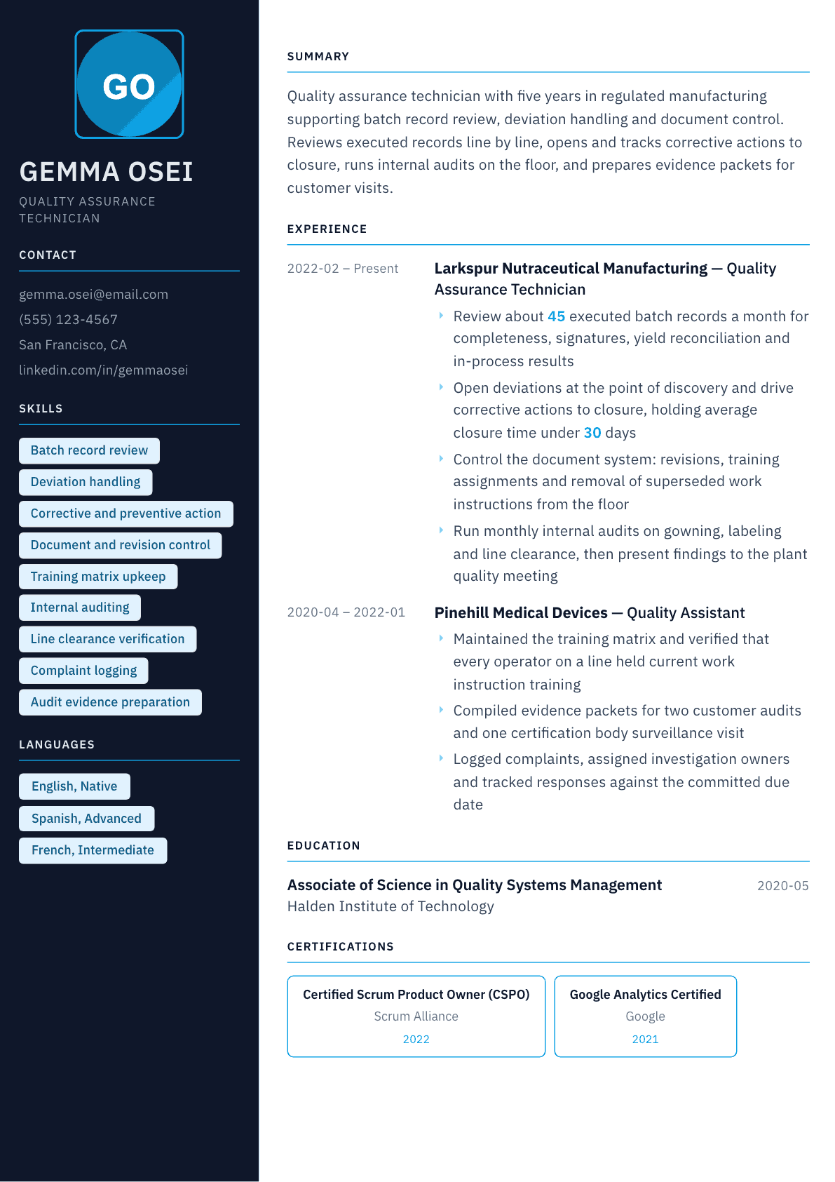 Quality Assurance Technician resume example, Everest template