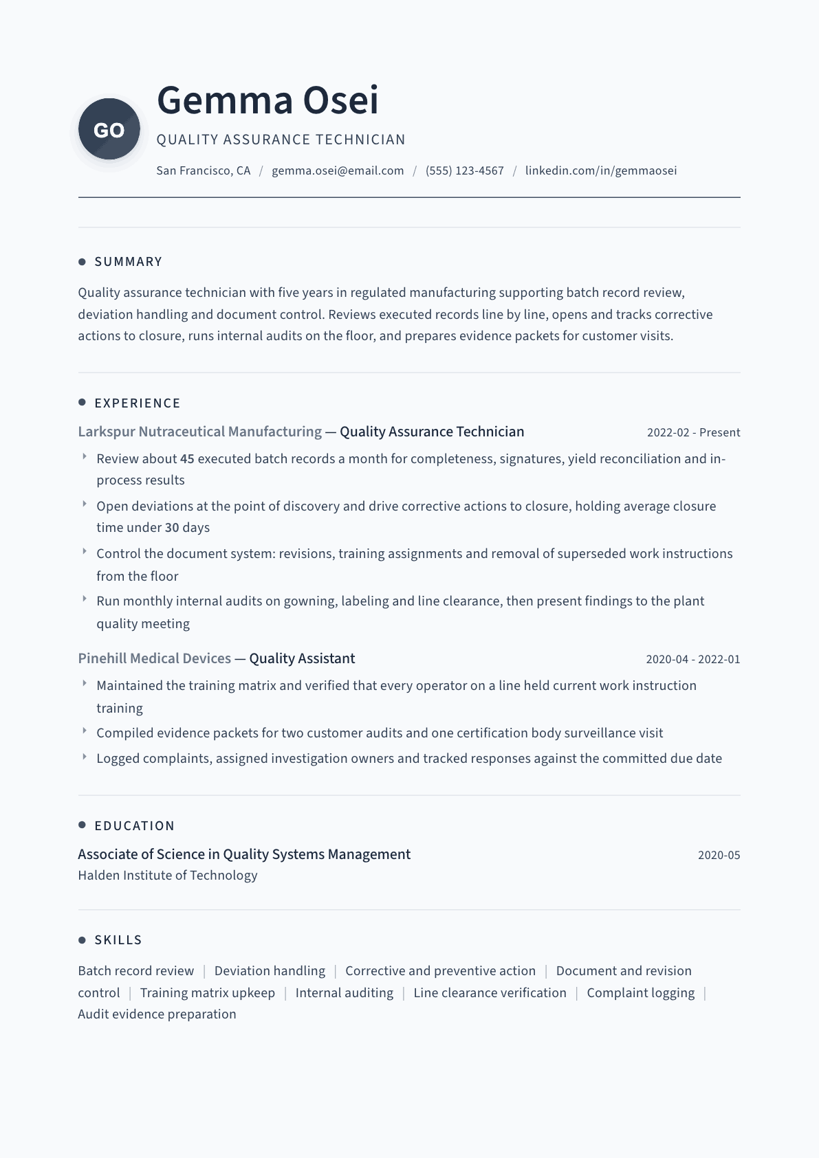 Quality Assurance Technician resume example, Thread template