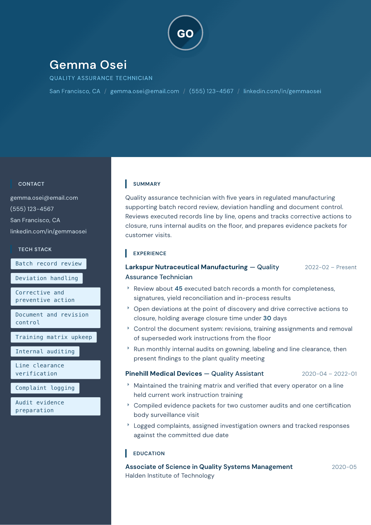 Quality Assurance Technician resume example, Prism template