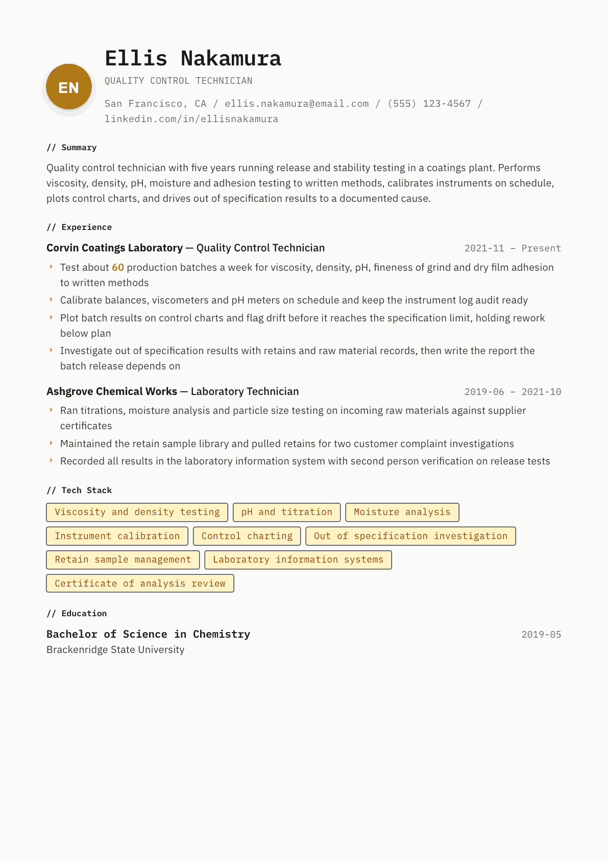 Quality Control Technician resume example, Inkwell template