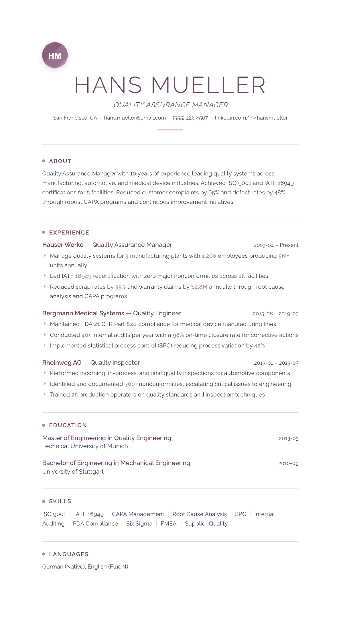 Quality Manager resume example, Serenity template