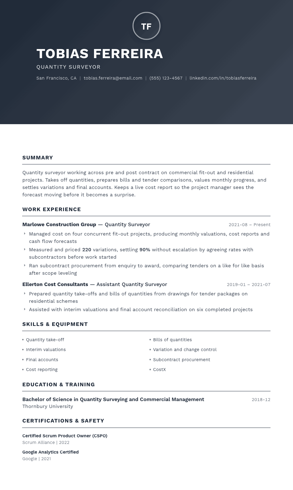 Quantity Surveyor resume example, Foundation template