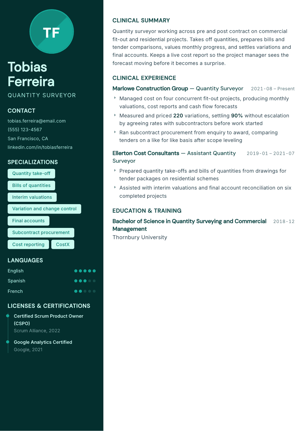 Quantity Surveyor resume example, Vitalis template