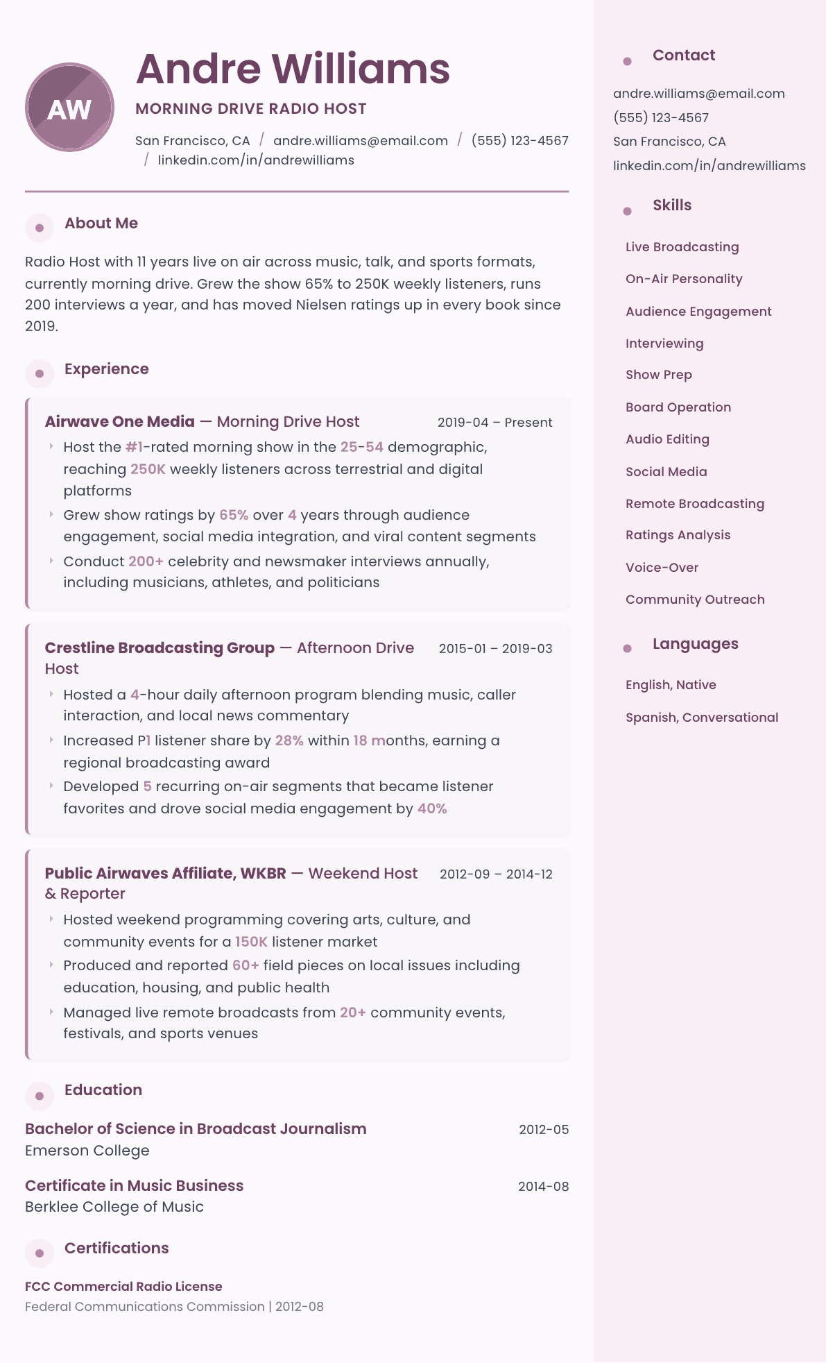 Radio Host resume example, Bloom template