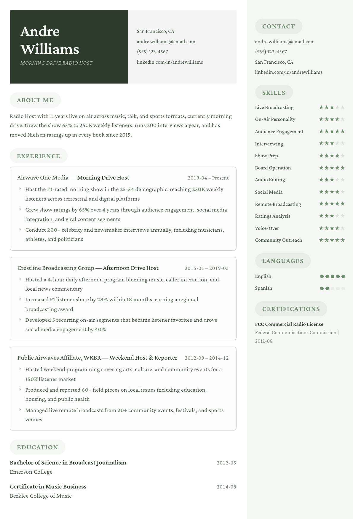 Radio Host resume example, Mayfair template