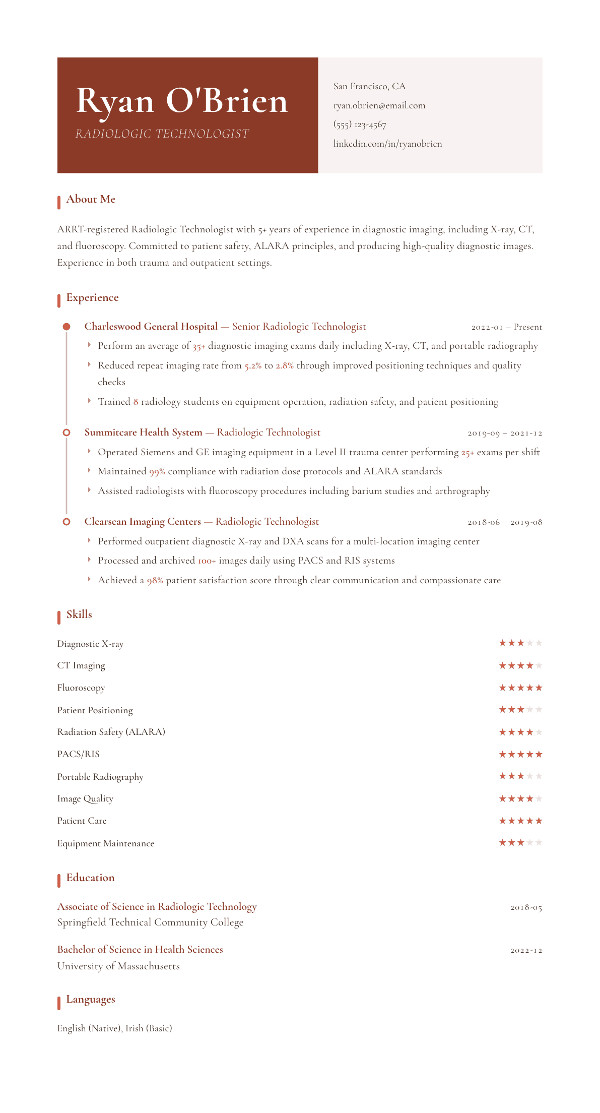 Radiologic Technologist resume example, Artisan template