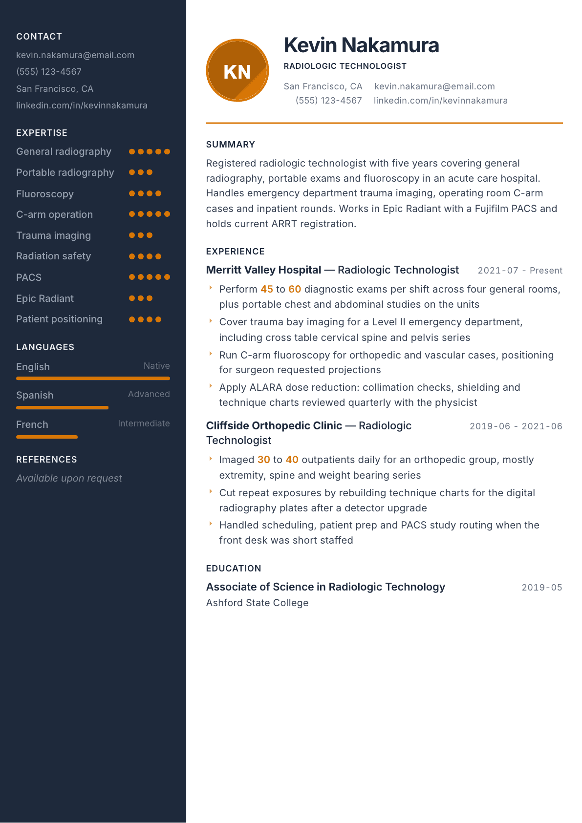 Radiology Technician resume example, Copper & Slate template