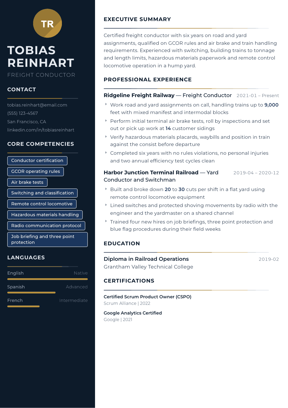 Railroad Conductor resume example, Catalyst template