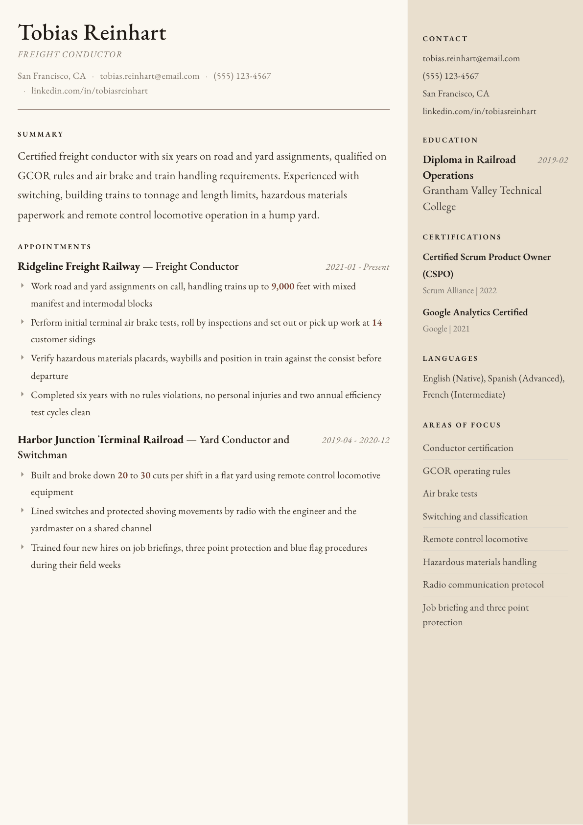 Railroad Conductor resume example, Manuscript template