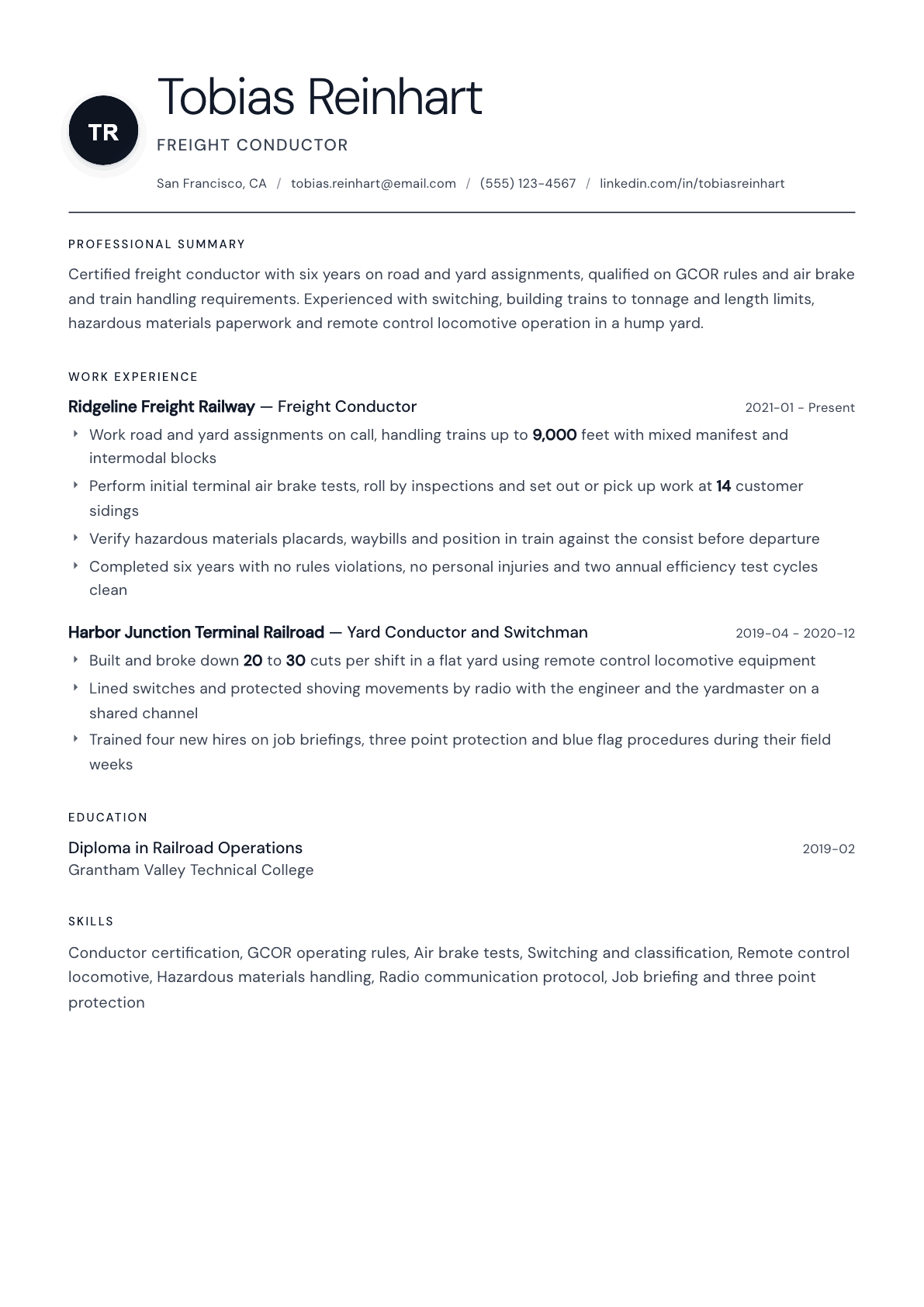 Railroad Conductor resume example, Stockholm template