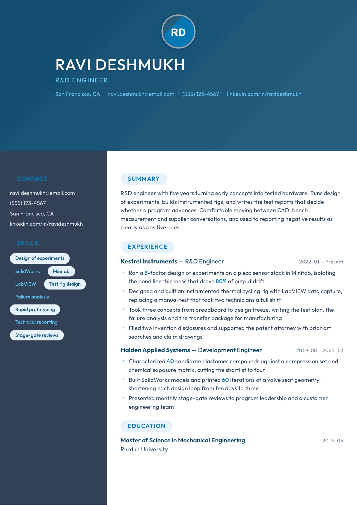 R&D Engineer resume example, Nexus template
