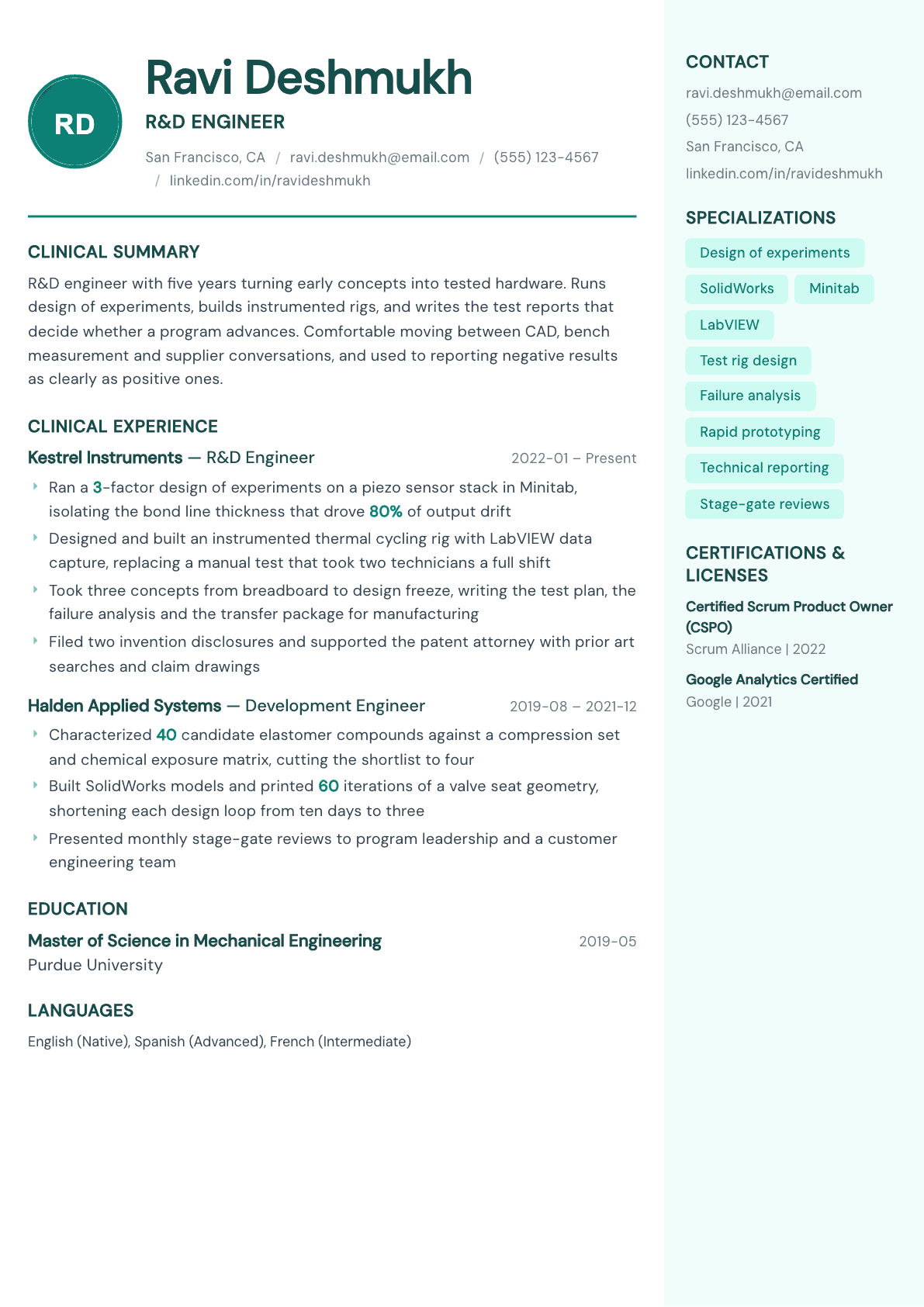 R&D Engineer resume example, Remedy template