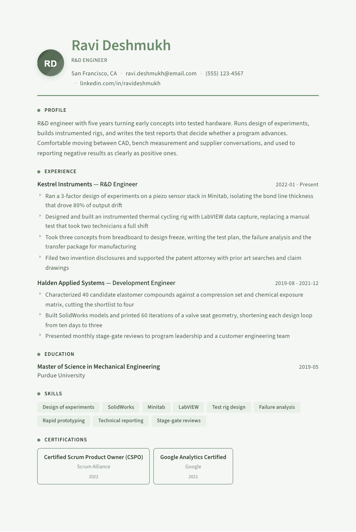 R&D Engineer resume example, Sage Garden template