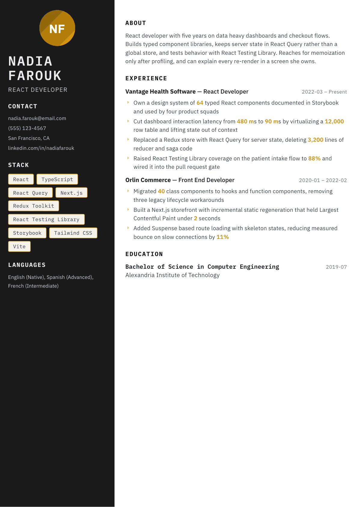 React Developer resume example, Neon template