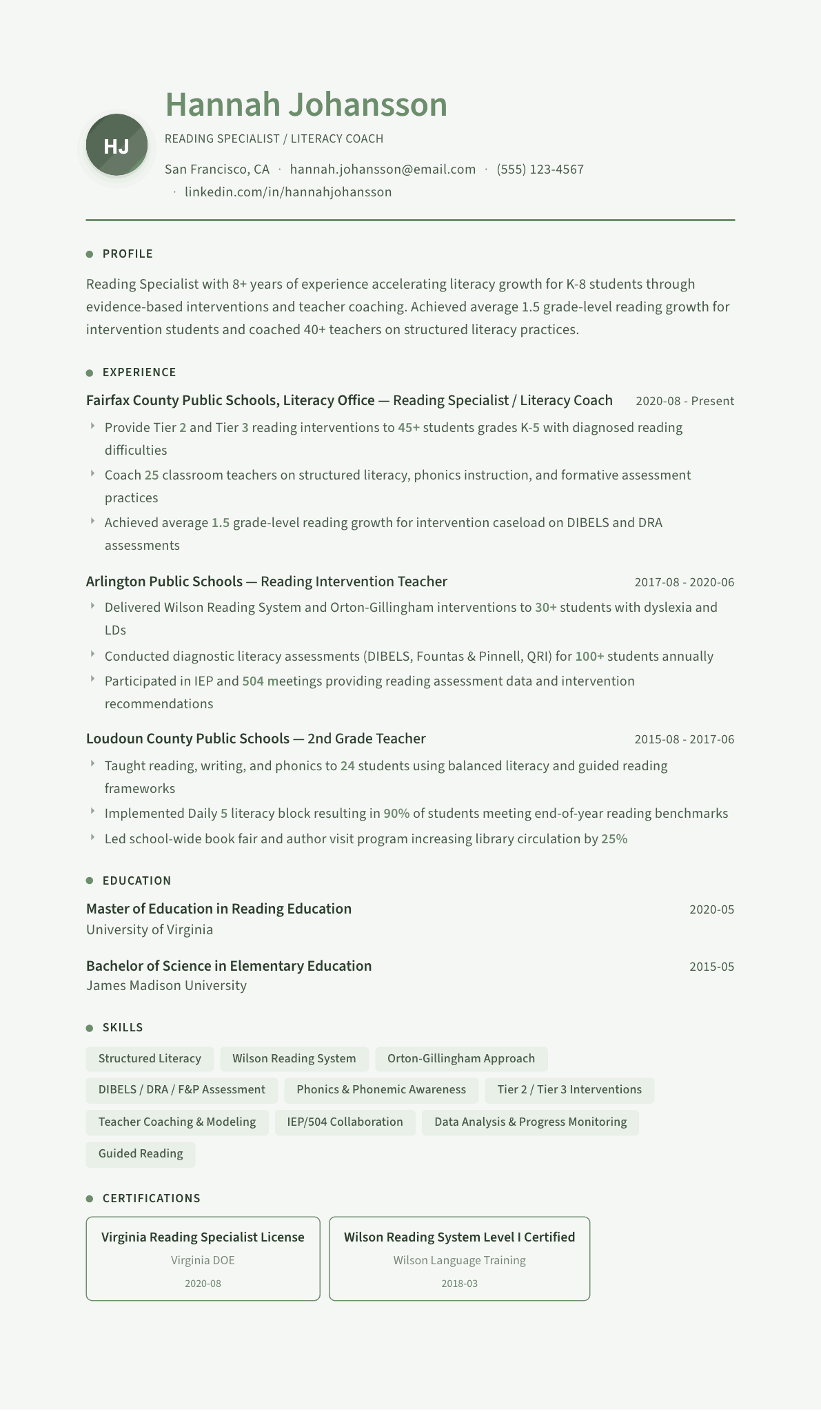 Reading Specialist resume example, Sage Garden template