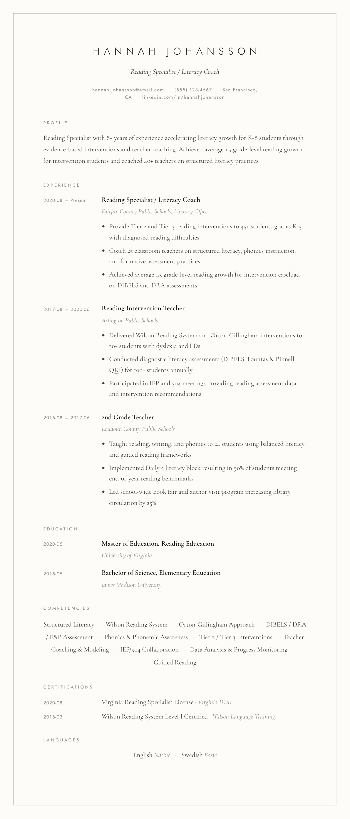 Reading Specialist resume example, Vellum template