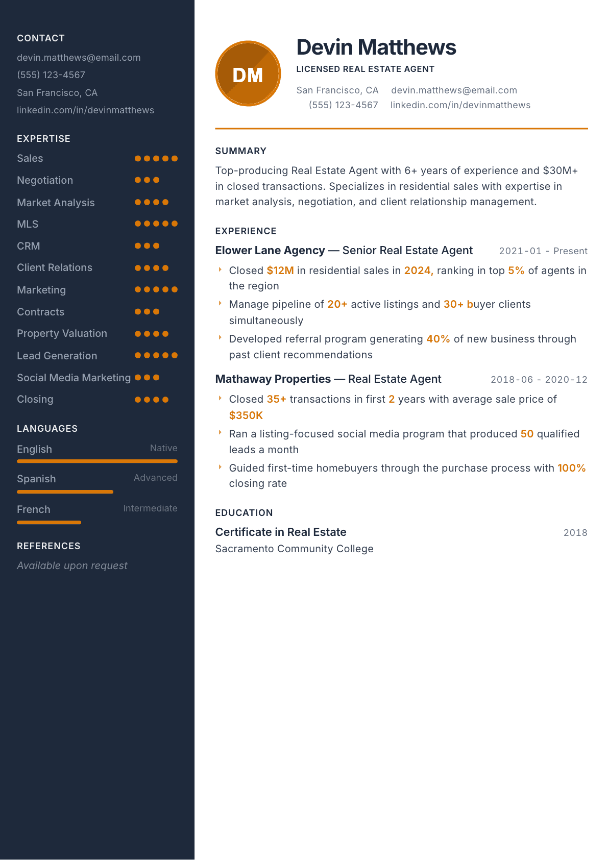 Real Estate Agent resume example, Copper & Slate template