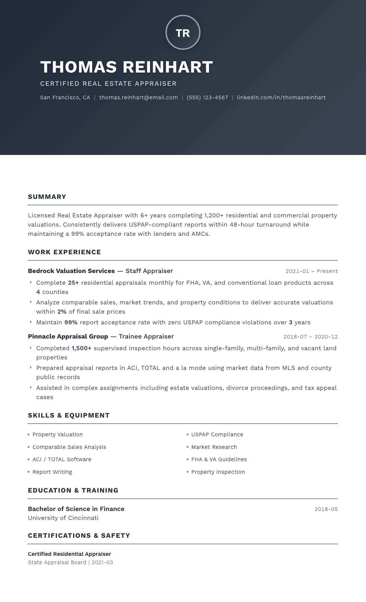 Real Estate Appraiser resume example, Foundation template
