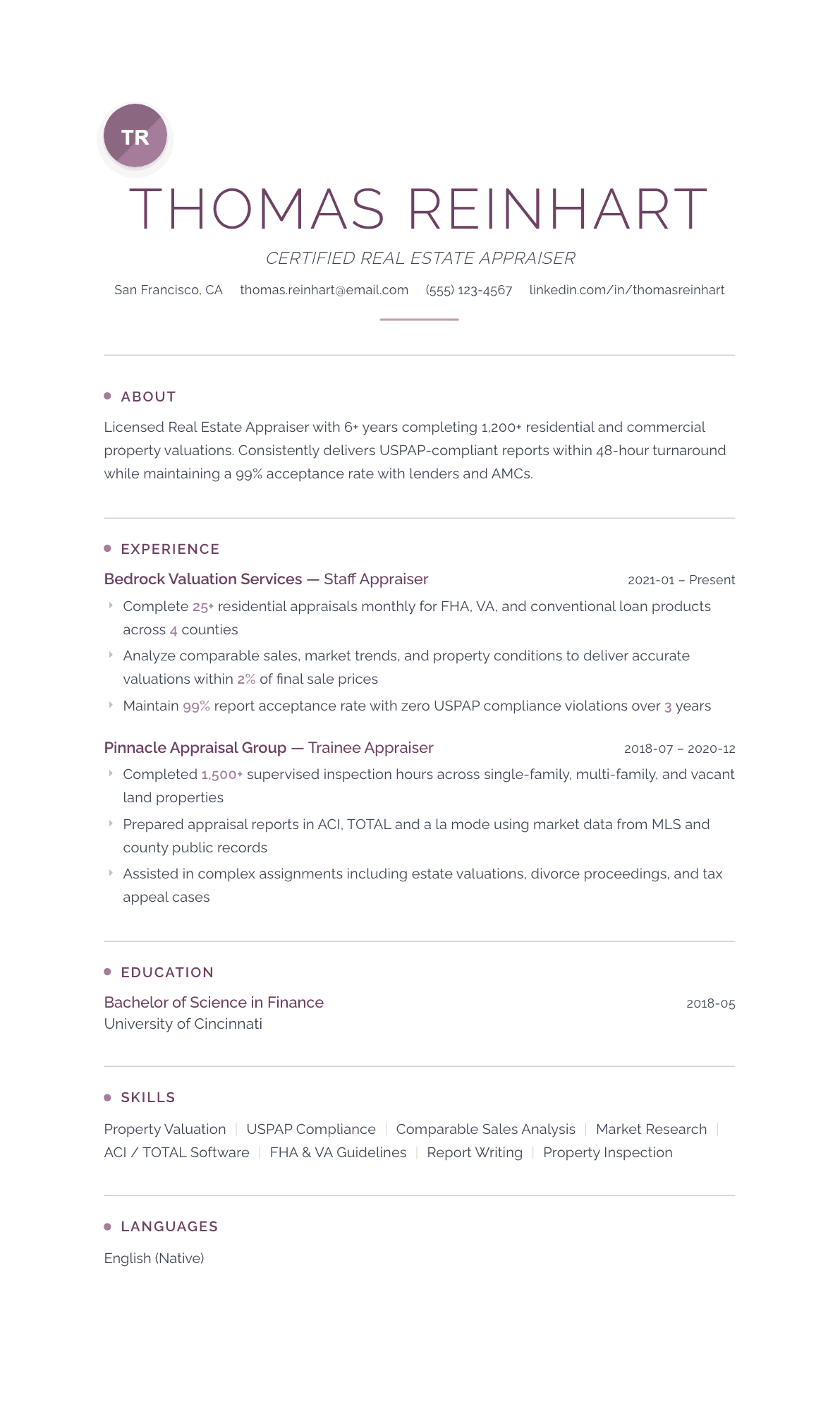 Real Estate Appraiser resume example, Serenity template