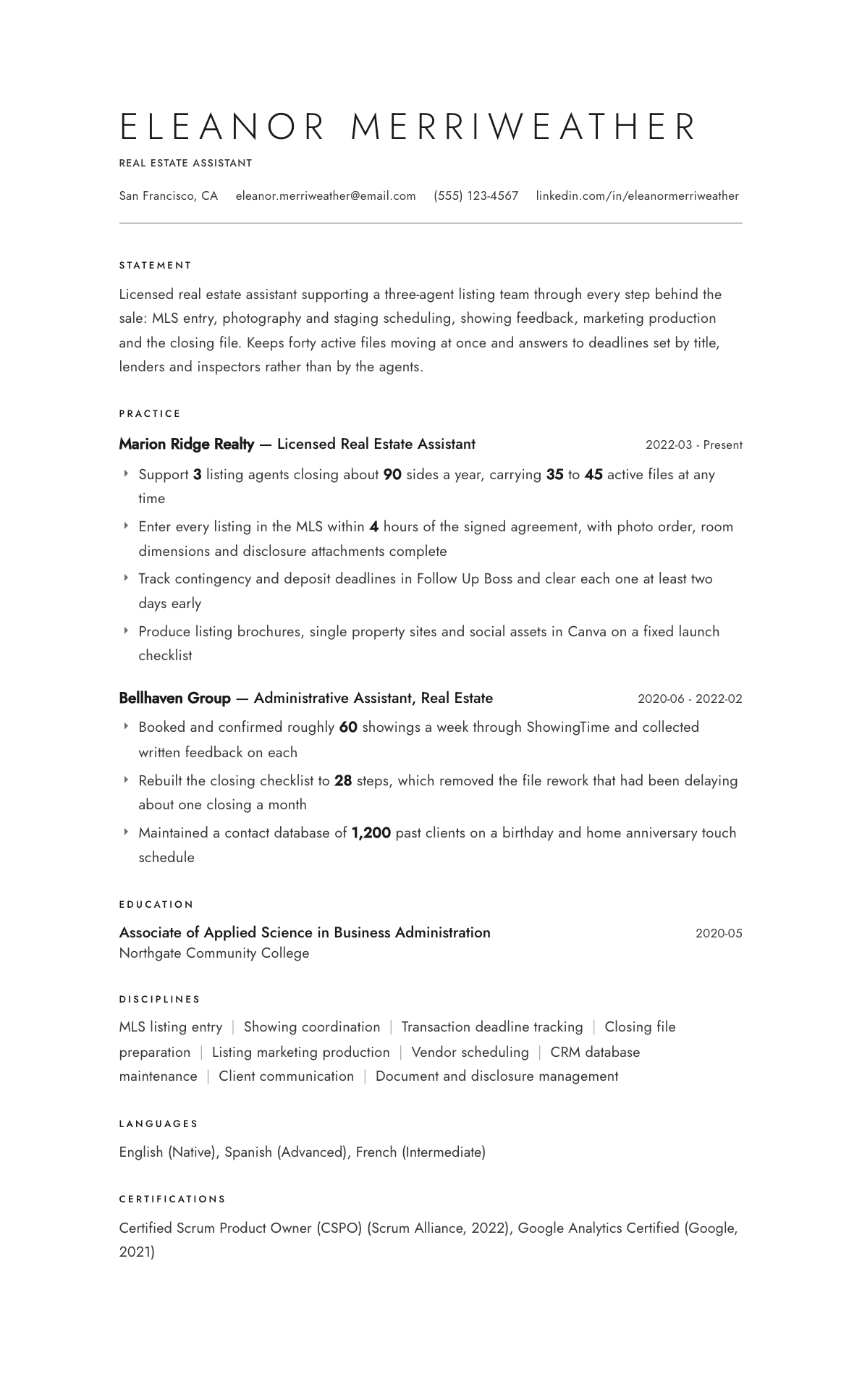 Real Estate Assistant resume example, Atelier template