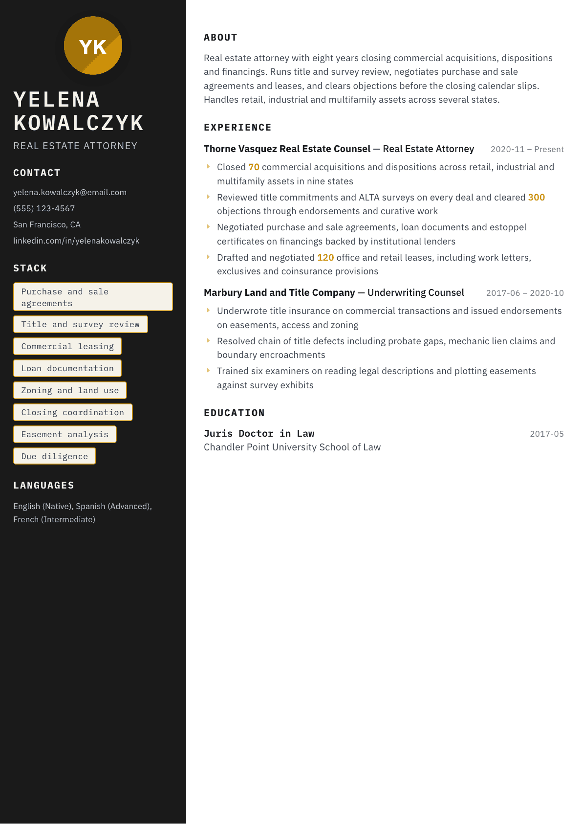 Real Estate Attorney resume example, Neon template