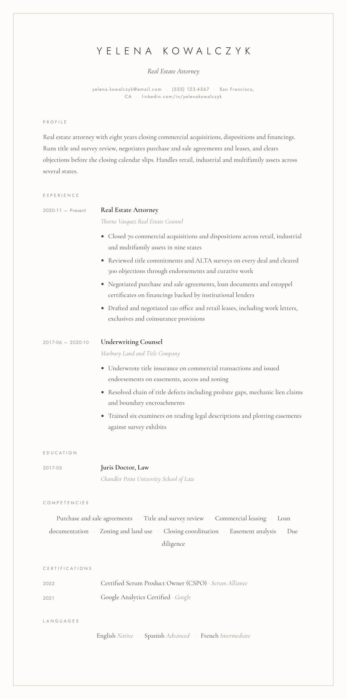Real Estate Attorney resume example, Vellum template