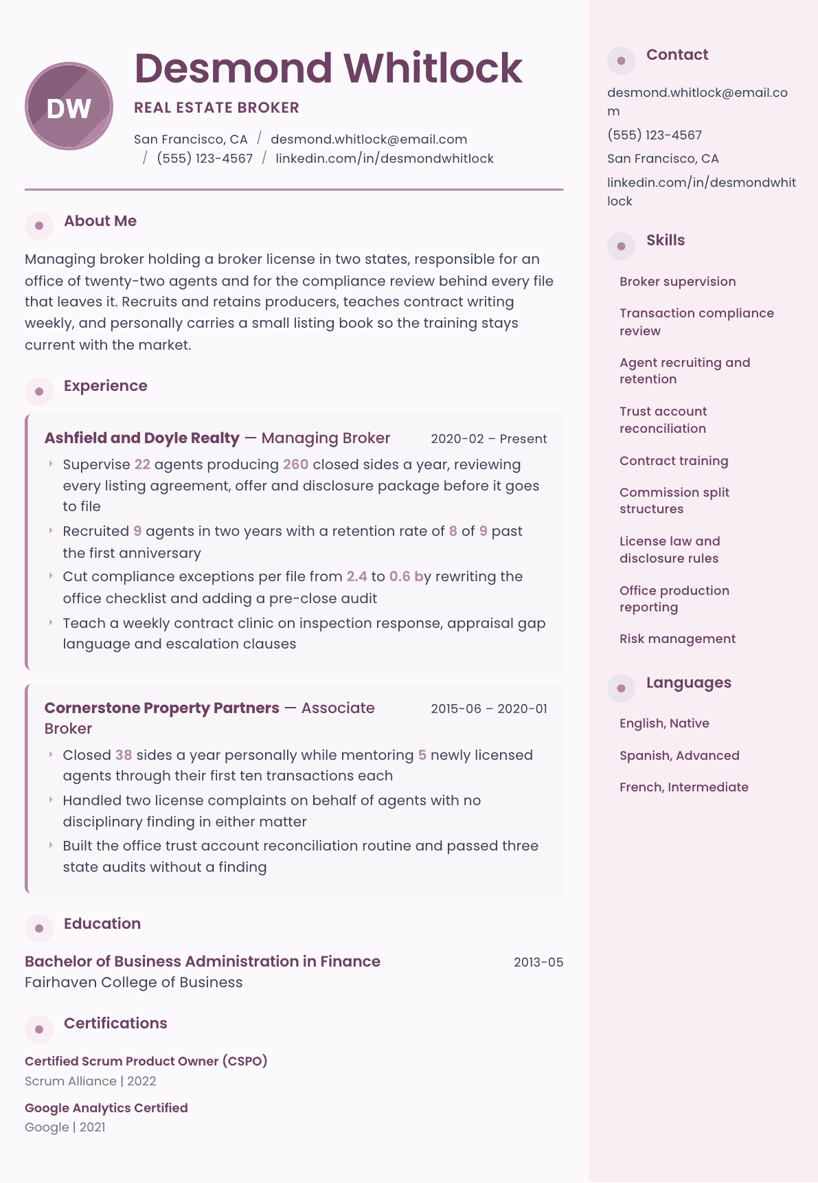 Real Estate Broker resume example, Bloom template