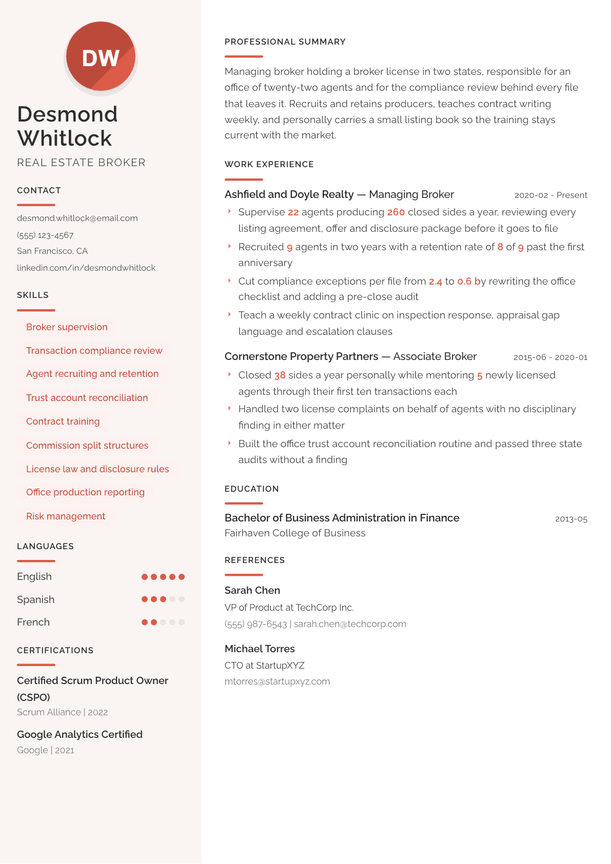 Real Estate Broker resume example, Milano template