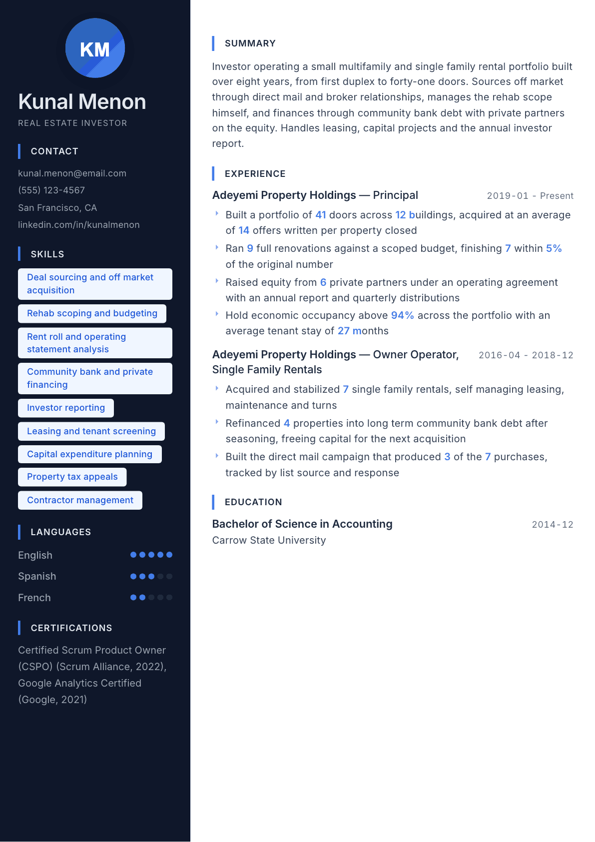 Real Estate Investor resume example, Midnight Sapphire template