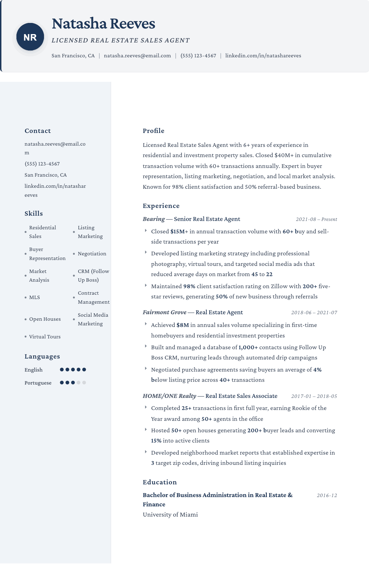 Real Estate Sales Agent resume example, Formal template