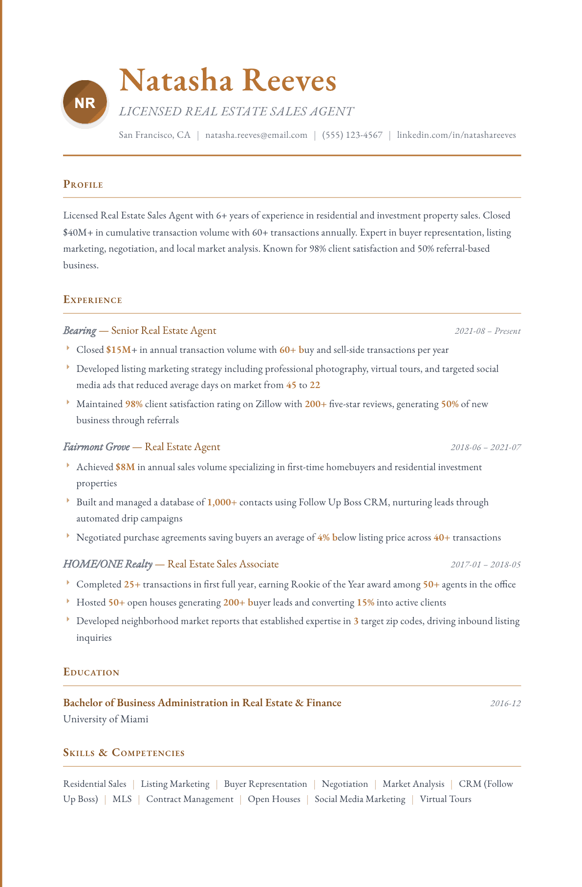 Real Estate Sales Agent resume example, Timeless template